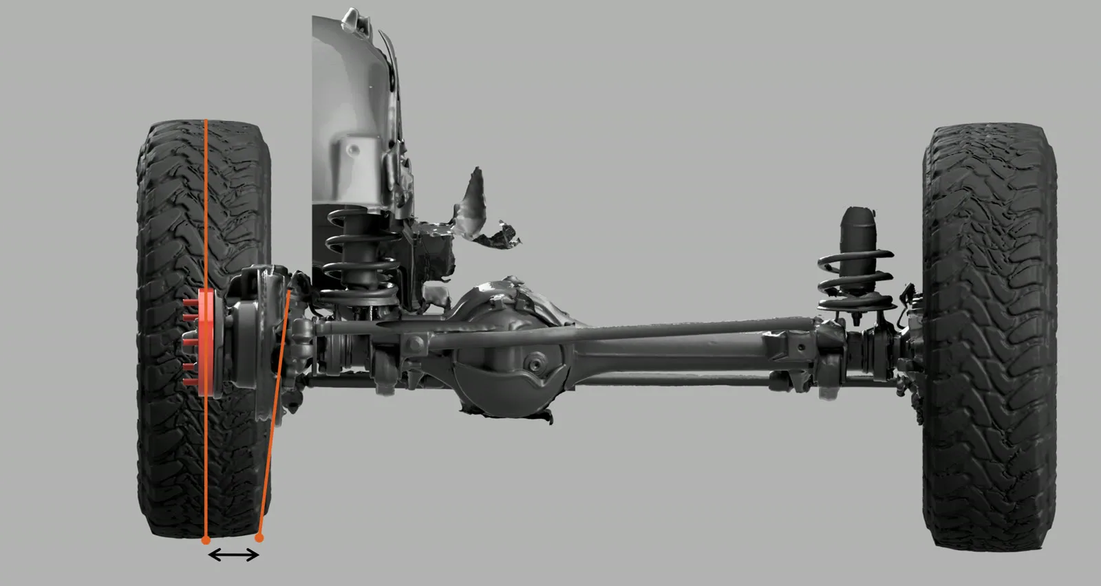 Front axle seen from the front: increased scrub radius caused by bolt-on wheel spacers (marked in red)