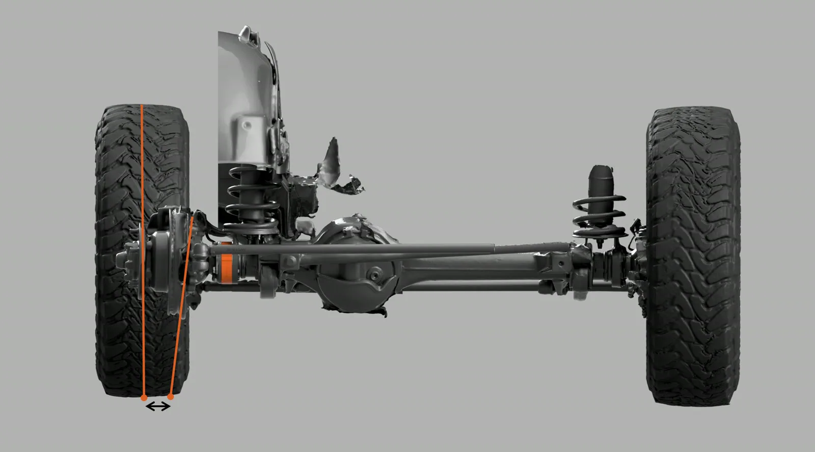 Front axle seen from the front with the Widetrack axle widening kit: the scrub radius stays original
