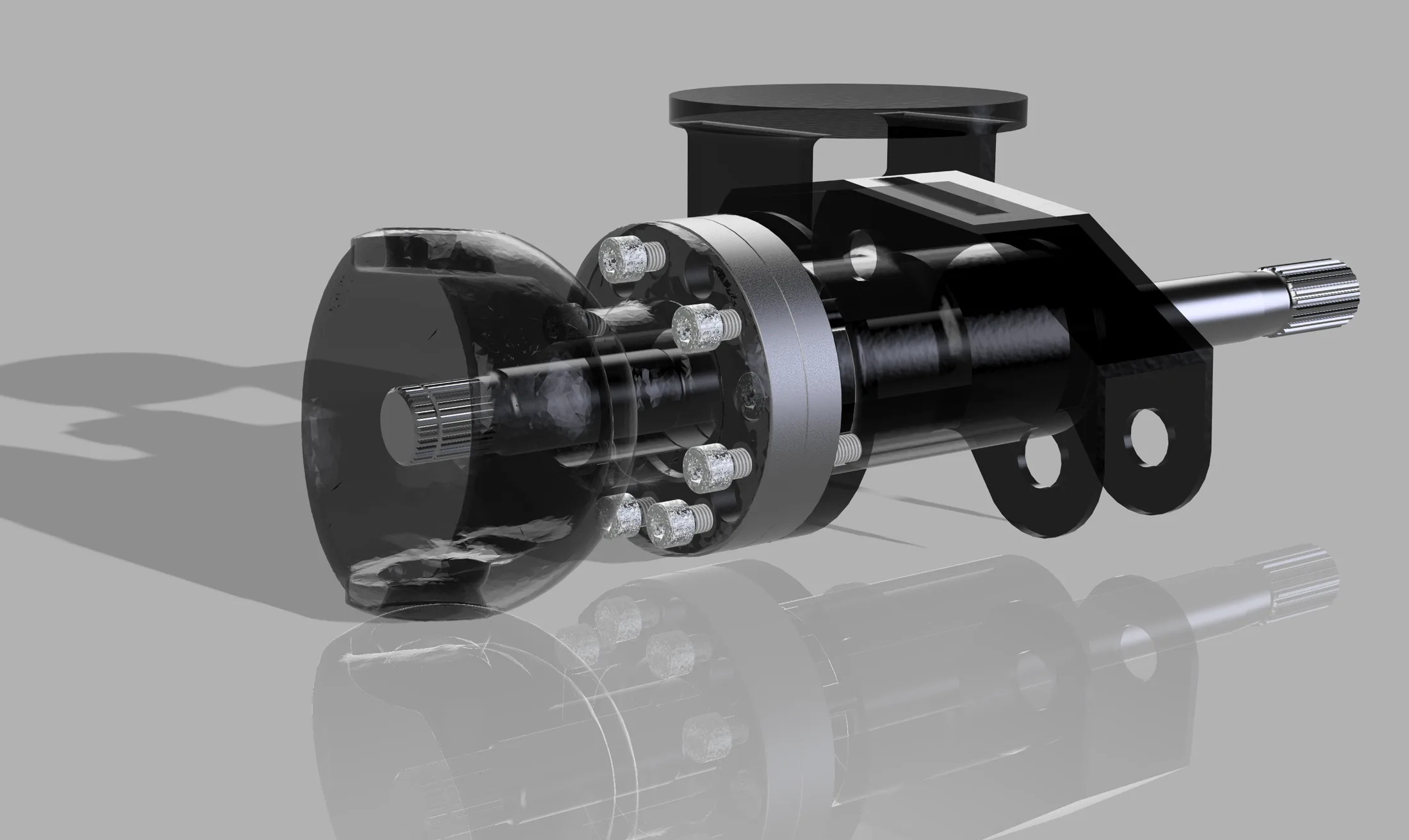 Transparent view of the assembly: swivel ball, widening ring and halfshaft